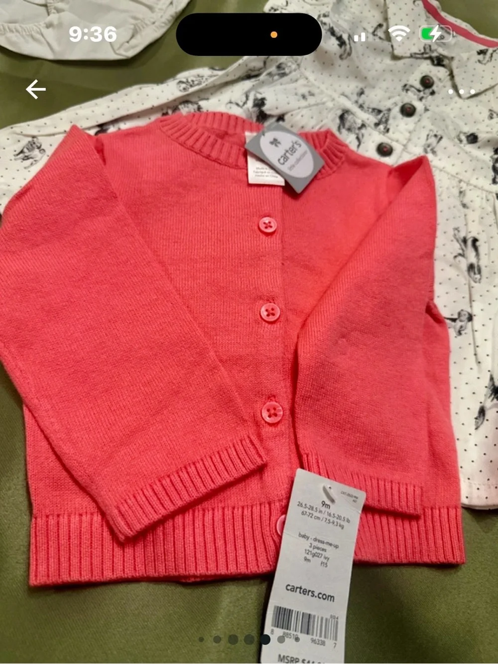 Carter's Coral Pink Cardigan with White Horse Print Dress and White Bloomers